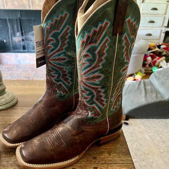 NWT Ariat Men's Sting Boots Burnt Brown/Antique Teal Square Toe Size 9.5 Medium - Picture 7 of 8